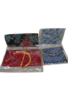 Four Silk Jewelry Pouches Lot Asian Nautical and Checkered Gift Idea